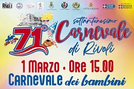Locandina colorata con la scritta in rosso 71° Carnevale di Rivoli
