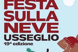 Scritta Festa sulla neve, testo marrone, su sfondo azzurro