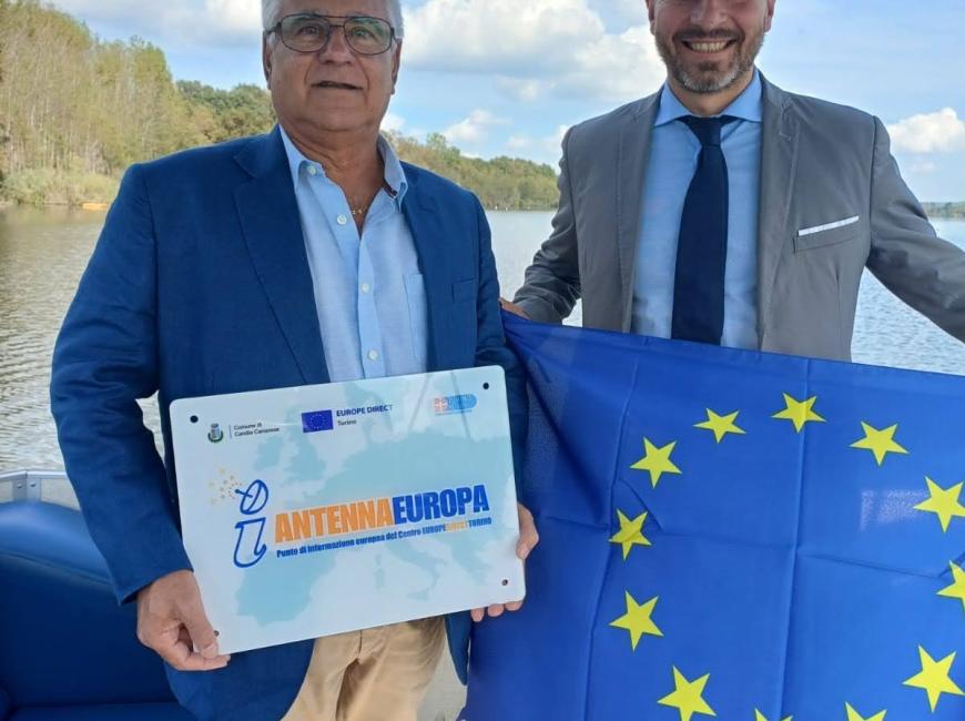 Il Sindaco Mottino e Vicesindaco metropolitano Suppo inaugurano la targa dell'Antenna Europa al Lago di Candia, il 17 settembre 2025