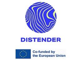 Cerchio blu e bianco, sopra alla scritta "DISTENDER" e Co-funded by Europan Union