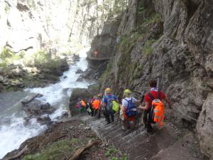 camminatori scendono le scale intagliate nella roccia affiancate dal torrente Ripa nelle Gorge di San gervasio