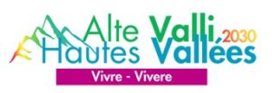 Su sfondo bianco una montagna stilizzata e la scritta verde Alte Valli 2030, in basso il nome del progetto Vivre