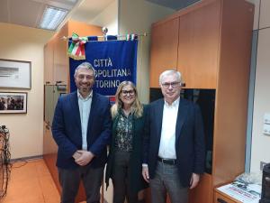 Il vicesindaco metropolitano Suppo, la sindaca Colombatto e il consigliere metropolitano Papurello il 4 febbraio 2025