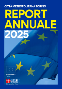 Report Annuale 2025 Città metropolitana di Torino - Immagine di copertina con bandiera dell'UE che sventola e i loghi istituzionali