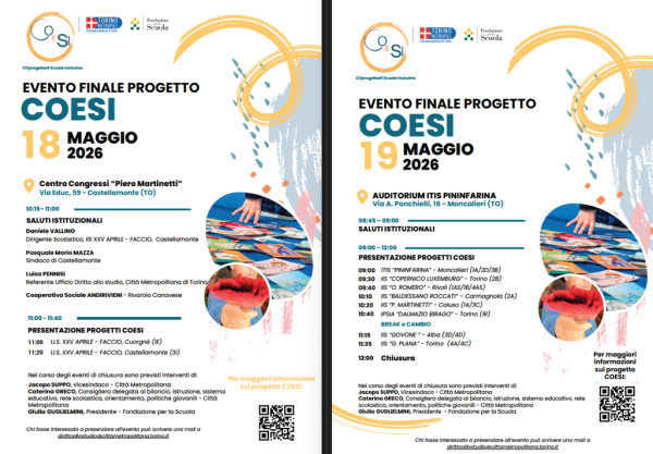 locandina con programma orario dell'intervento delle scuole partecipanti al progetto coesi nei giorni 18 e 19 maggio