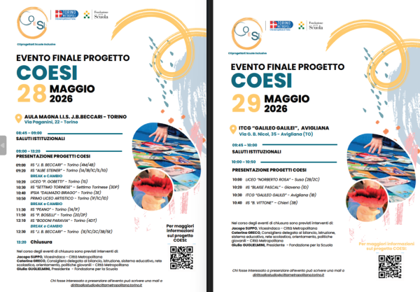 locandina con programma orario dell'intervento delle scuole partecipanti al progetto coesi nel giorno 28_29 maggio