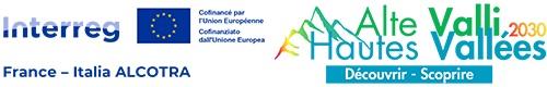 Bandiera UE su sfondo bianco e la scritta Interreg Alcotra e a destra la scritta Alte Valli - Scoprire